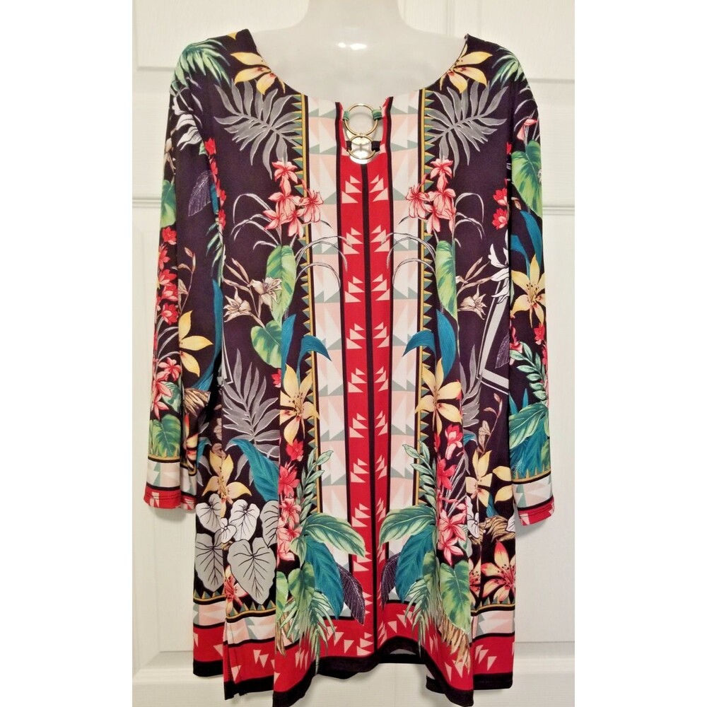 Worthington Women's Tunic Top Size XXL Tropical Multicolor Metal Neckline Accent